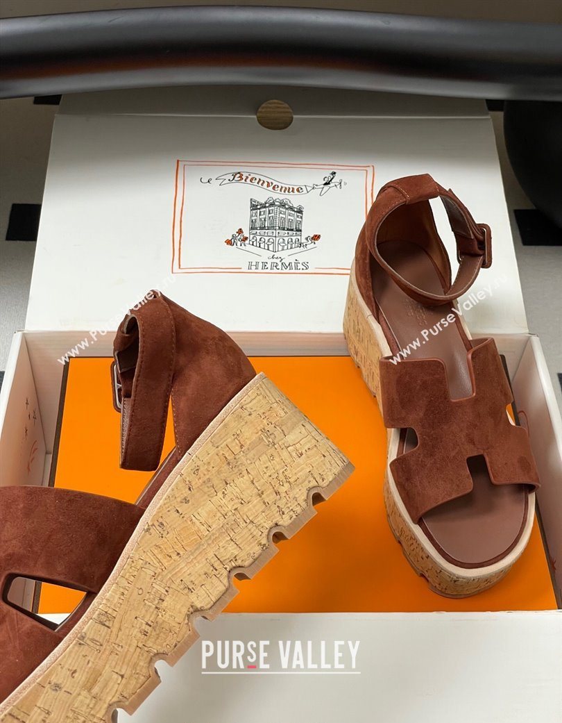 Hermes Luce Wedge Platform Sandals 7cm in Suede Dark Brown 2025 H252131 (MD-251220010)