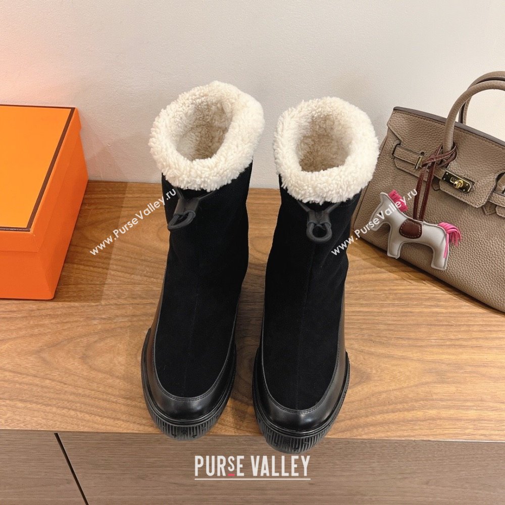 Hermes Suede and Shearling Platform Ankle Boots Black 2025 HS122201 (XC-251222005)