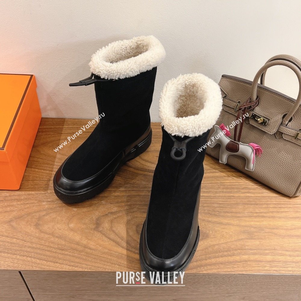 Hermes Suede and Shearling Platform Ankle Boots Black 2025 HS122201 (XC-251222005)