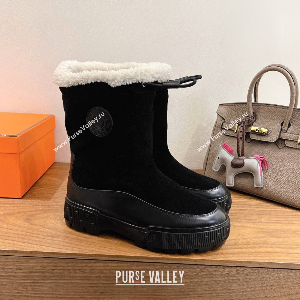Hermes Suede and Shearling Platform Ankle Boots Black 2025 HS122201 (XC-251222005)