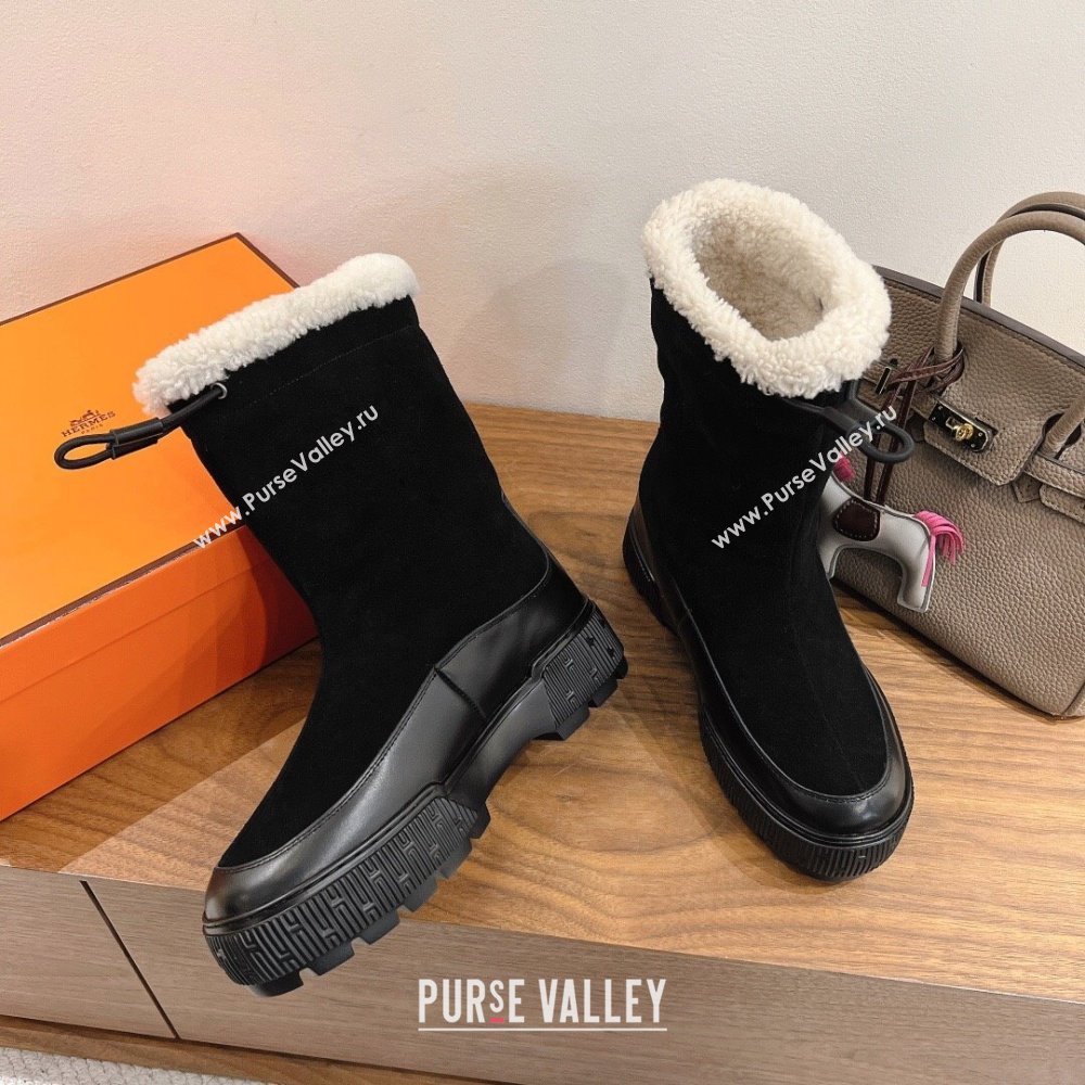 Hermes Suede and Shearling Platform Ankle Boots Black 2025 HS122201 (XC-251222005)