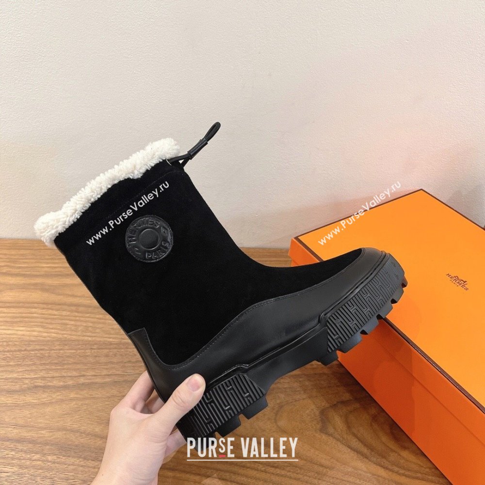 Hermes Suede and Shearling Platform Ankle Boots Black 2025 HS122201 (XC-251222005)