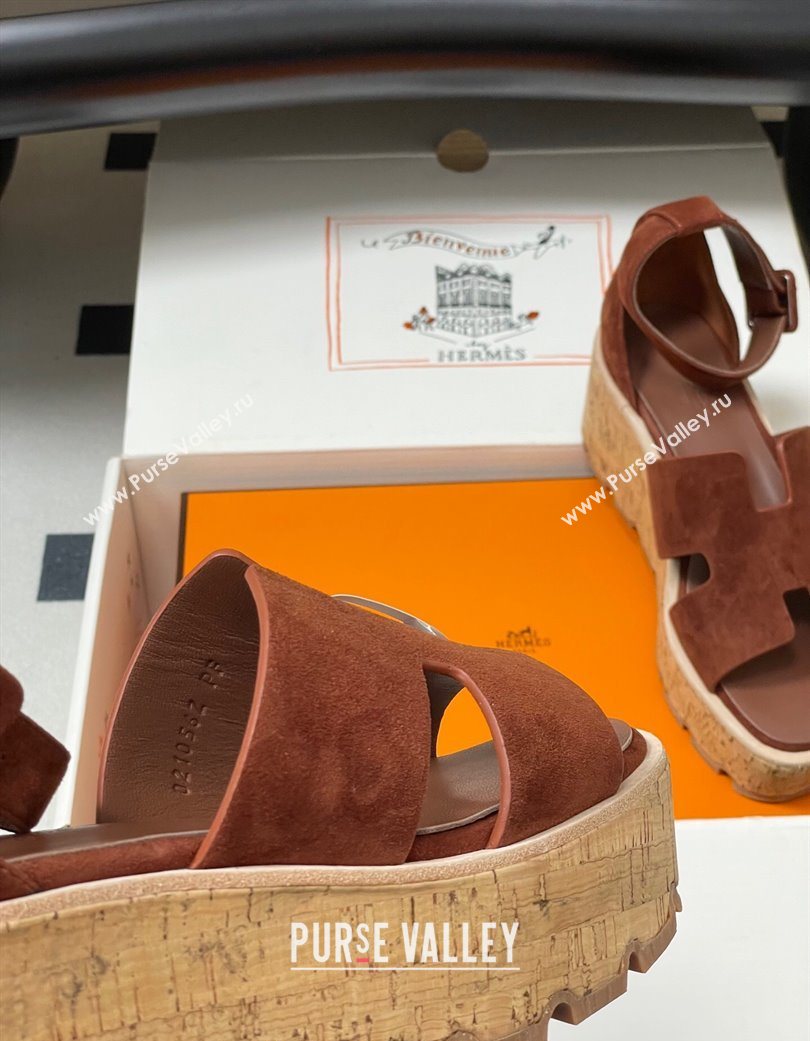 Hermes Luce Wedge Platform Sandals 7cm in Suede Dark Brown 2025 H252131 (MD-251220010)