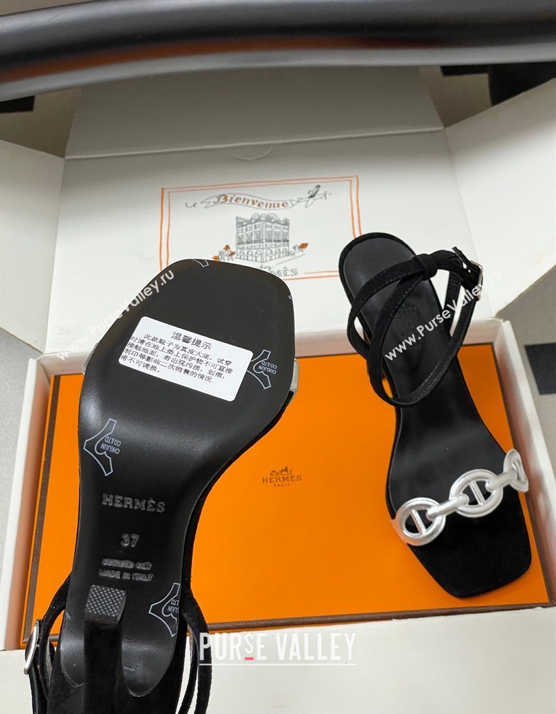 Hermes Luz Heel Sandals 10.5cm in Suede with Silver-Tone Strap Black 2025 (MD-251220001)
