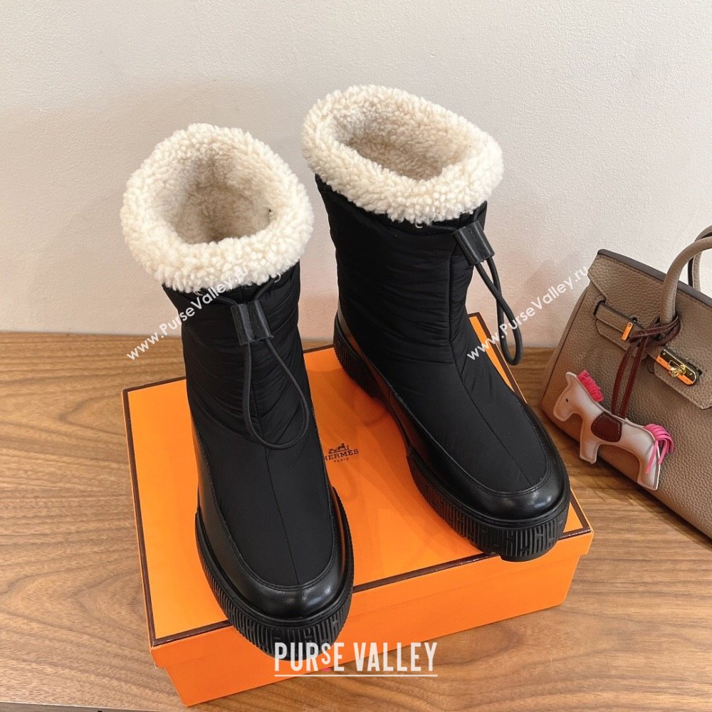 Hermes Nylon and Shearling Platform Ankle Boots Black 2025 HS122201 (XC-251222006)