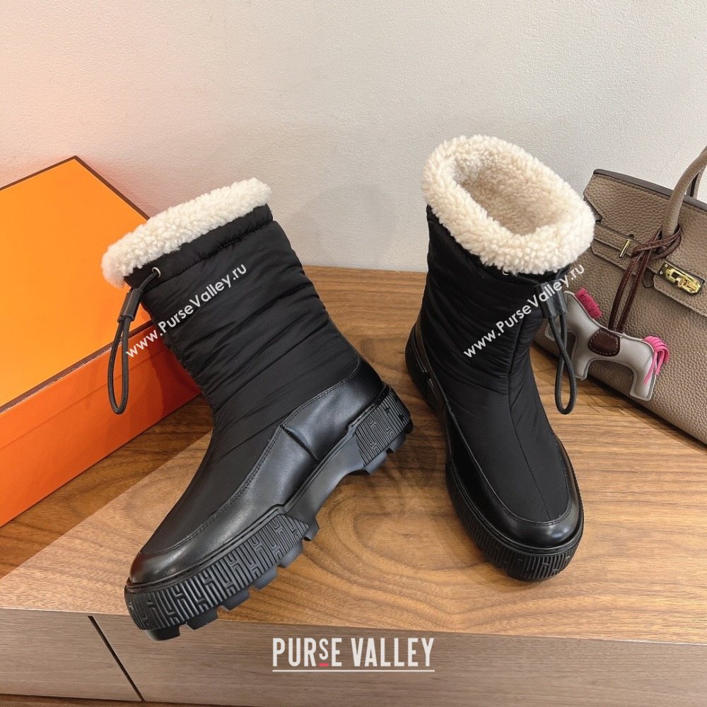 Hermes Nylon and Shearling Platform Ankle Boots Black 2025 HS122201 (XC-251222006)