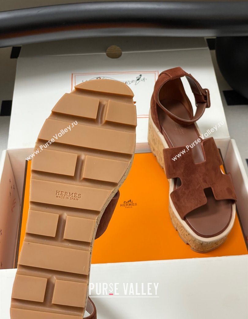 Hermes Luce Wedge Platform Sandals 7cm in Suede Dark Brown 2025 H252131 (MD-251220010)