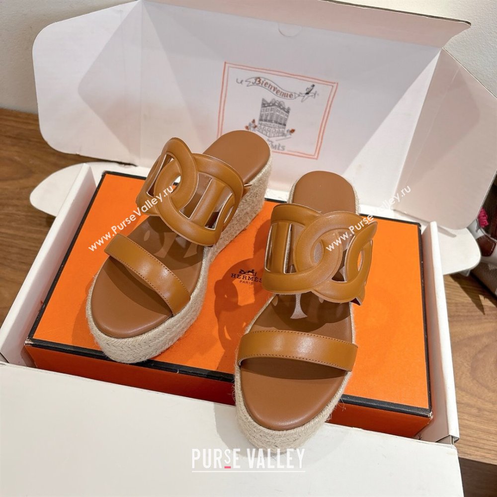 Hermes Lipari Wedge Slides Sandal in Calfskin Leather Brown 2025 1222 (MD-251222086)