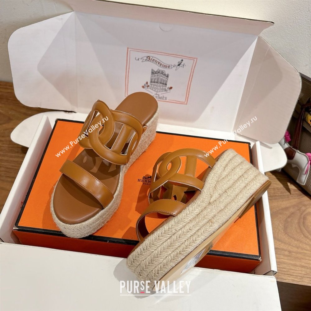 Hermes Lipari Wedge Slides Sandal in Calfskin Leather Brown 2025 1222 (MD-251222086)
