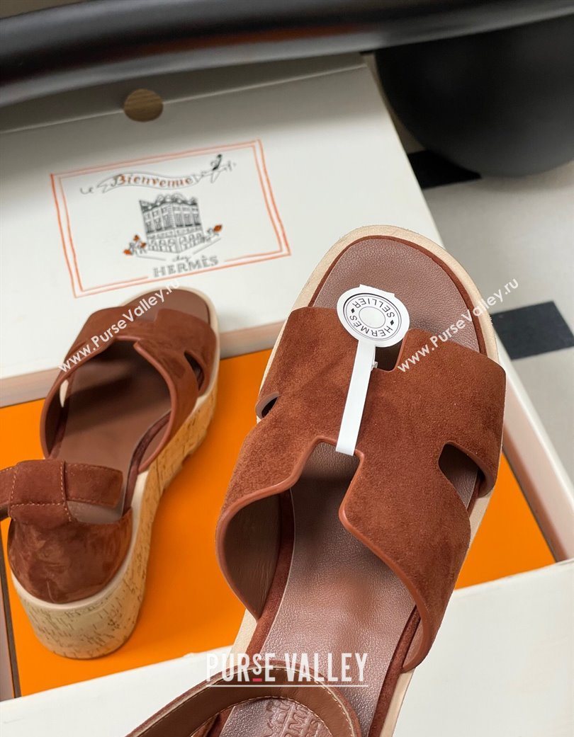 Hermes Luce Wedge Platform Sandals 7cm in Suede Dark Brown 2025 H252131 (MD-251220010)