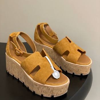Hermes Luce Wedge Platform Sandals 7cm in Suede Yellow 2025 H252131 (MD-251220011)