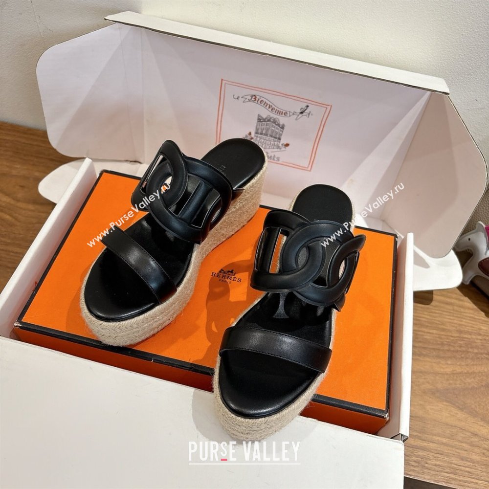 Hermes Lipari Wedge Slides Sandal in Calfskin Leather Black 2025 1222 (MD-251222089)