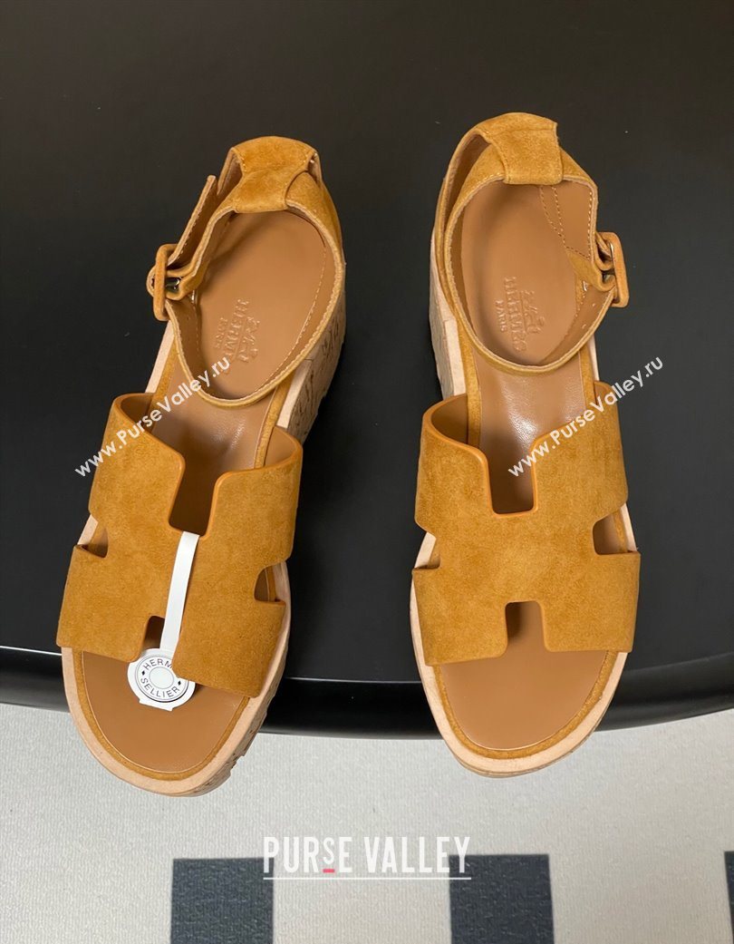 Hermes Luce Wedge Platform Sandals 7cm in Suede Yellow 2025 H252131 (MD-251220011)