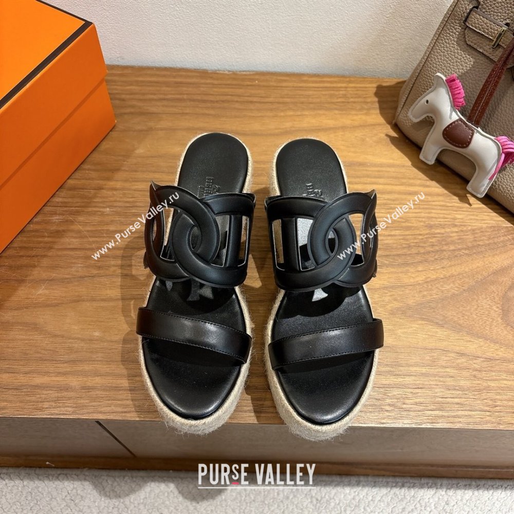 Hermes Lipari Wedge Slides Sandal in Calfskin Leather Black 2025 1222 (MD-251222089)