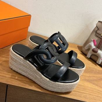 Hermes Lipari Wedge Slides Sandal in Calfskin Leather Black 2025 1222 (MD-251222089)
