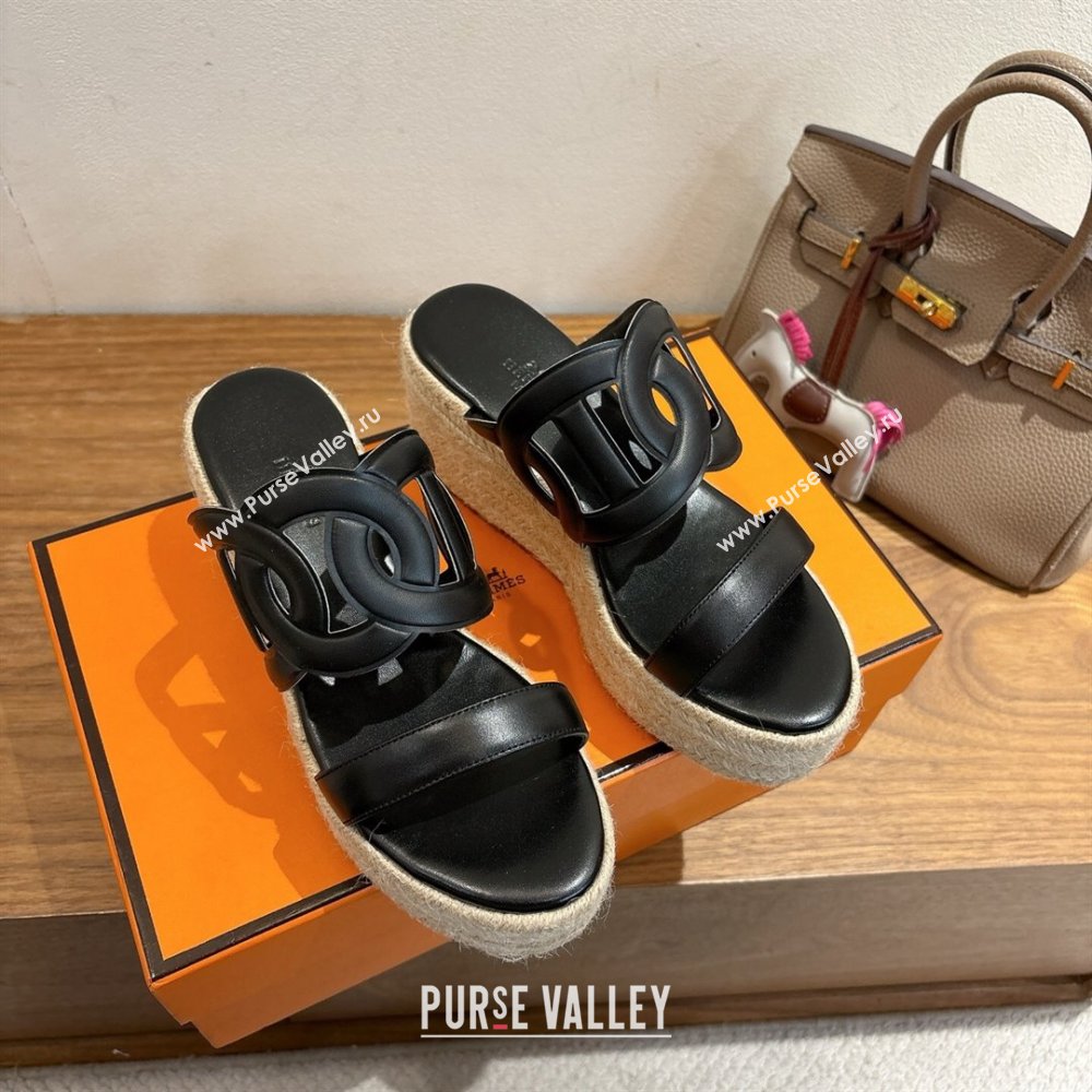 Hermes Lipari Wedge Slides Sandal in Calfskin Leather Black 2025 1222 (MD-251222089)