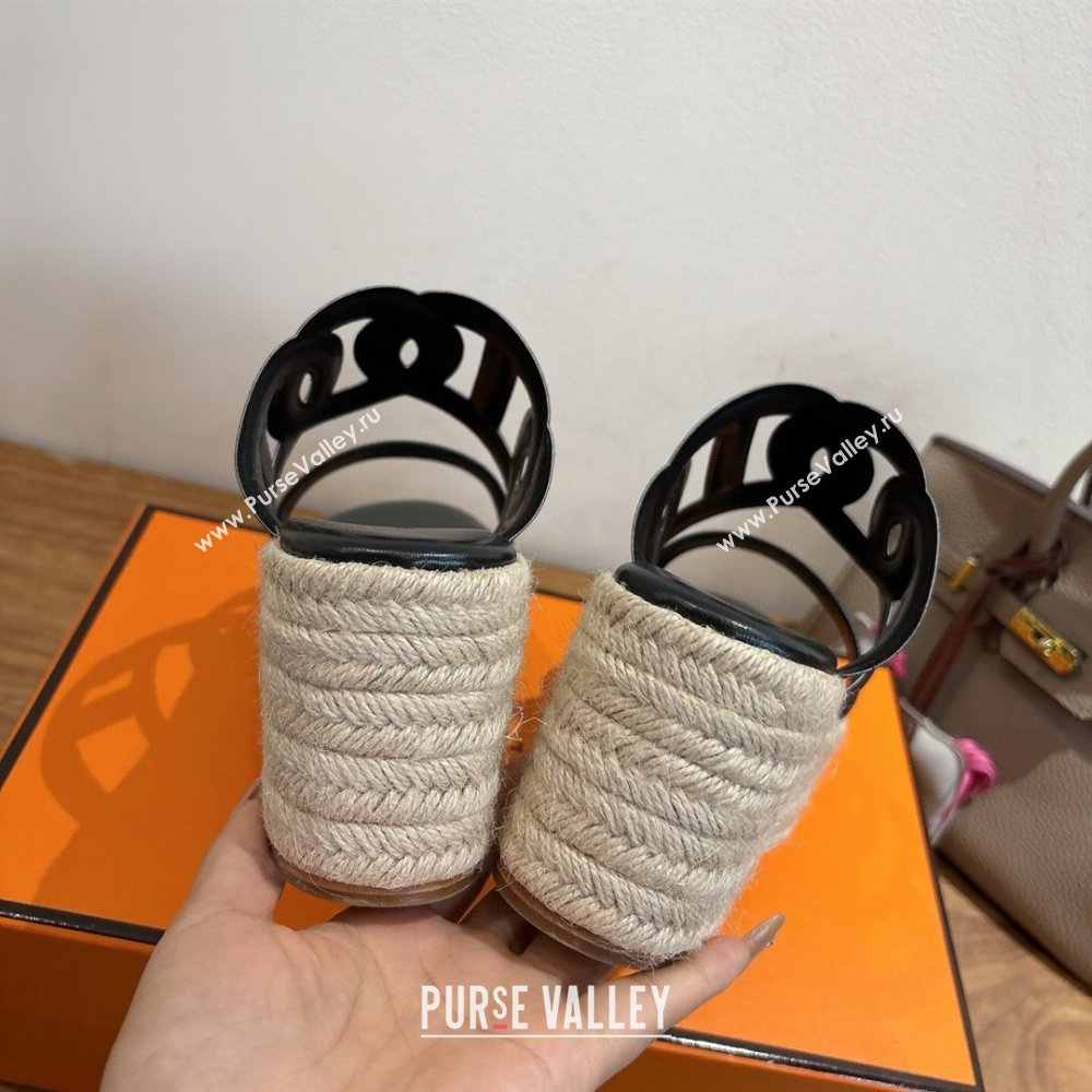 Hermes Lipari Wedge Slides Sandal in Calfskin Leather Black 2025 1222 (MD-251222089)