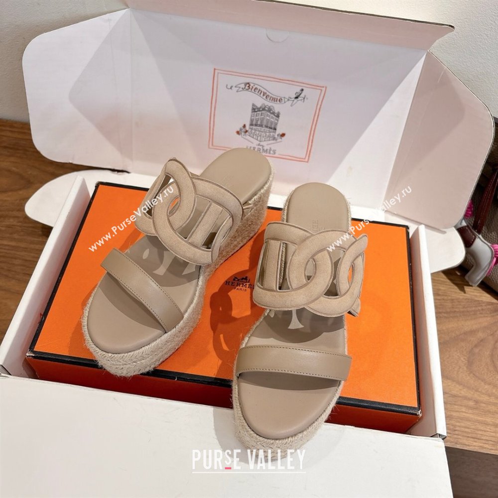 Hermes Lipari Wedge Slides Sandal in Suede and Leather Beige 2025 1222 (MD-251222090)