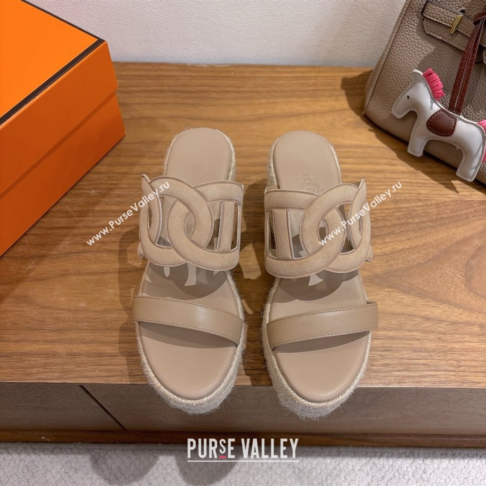 Hermes Lipari Wedge Slides Sandal in Suede and Leather Beige 2025 1222 (MD-251222090)