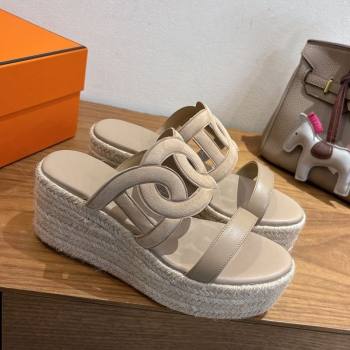 Hermes Lipari Wedge Slides Sandal in Suede and Leather Beige 2025 1222 (MD-251222090)