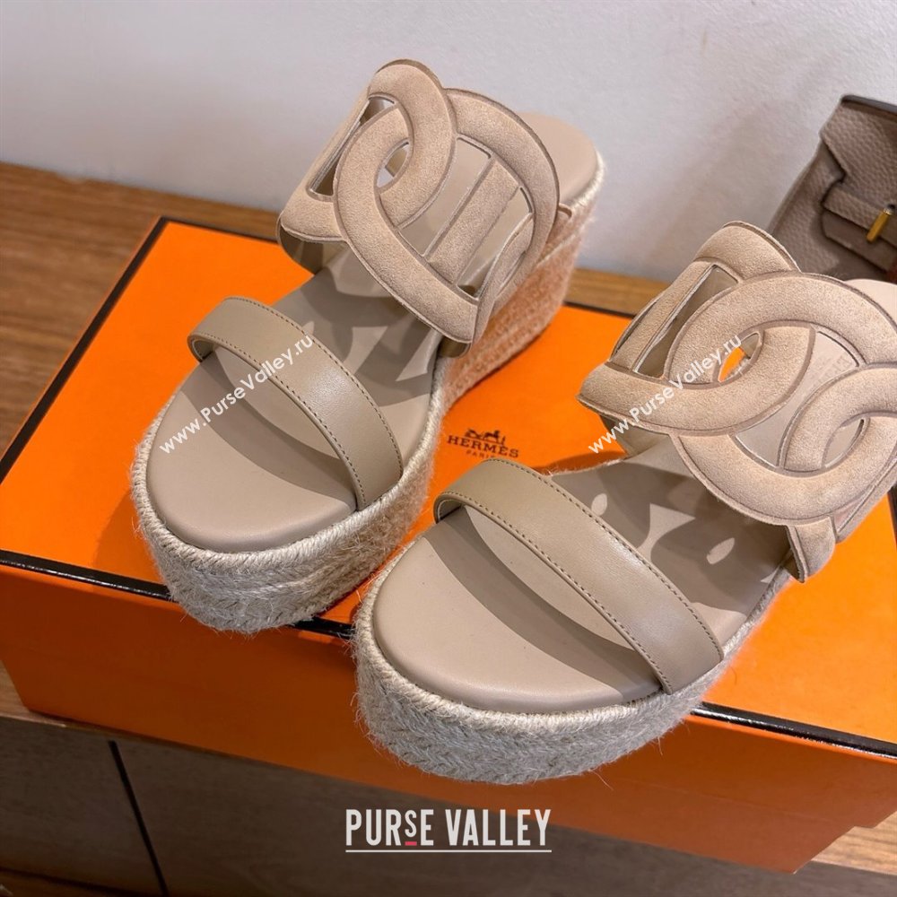 Hermes Lipari Wedge Slides Sandal in Suede and Leather Beige 2025 1222 (MD-251222090)