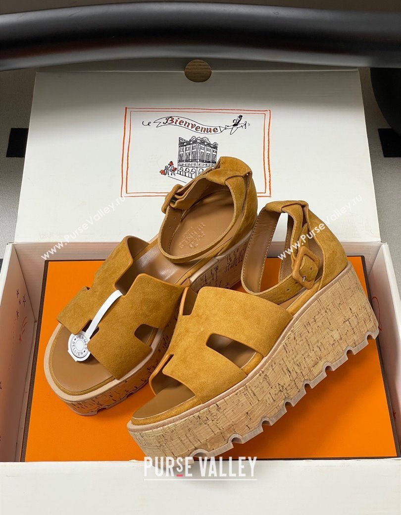 Hermes Luce Wedge Platform Sandals 7cm in Suede Yellow 2025 H252131 (MD-251220011)
