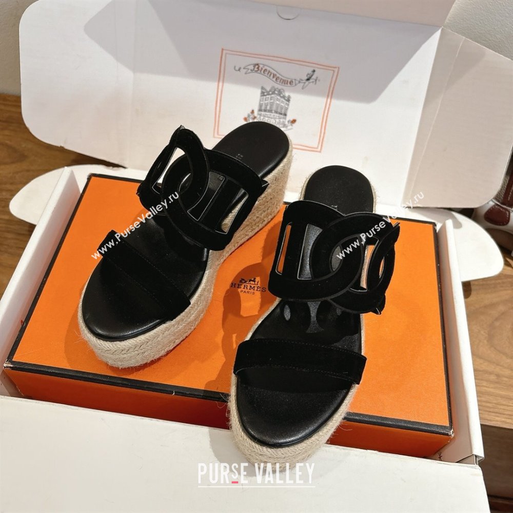 Hermes Lipari Wedge Slides Sandal in Suede Black 2025 1222 (MD-251222092)