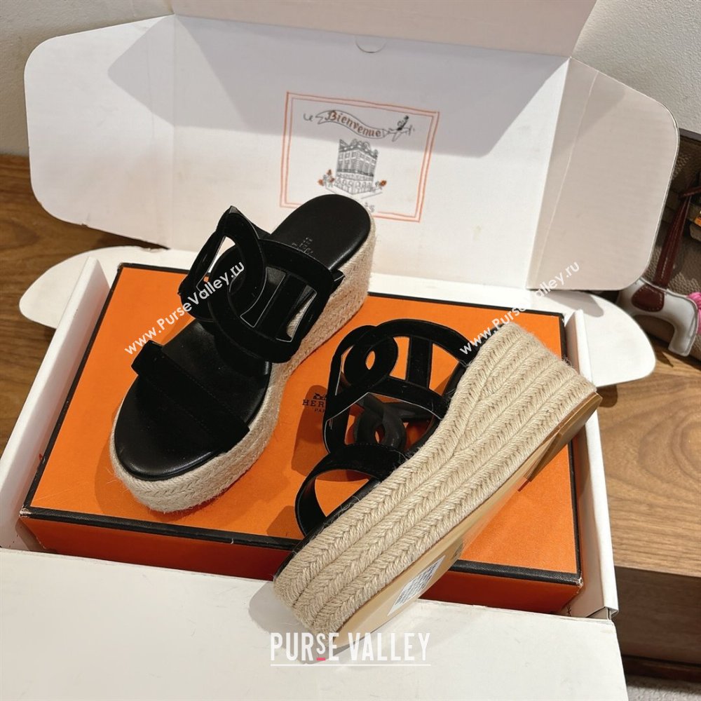 Hermes Lipari Wedge Slides Sandal in Suede Black 2025 1222 (MD-251222092)