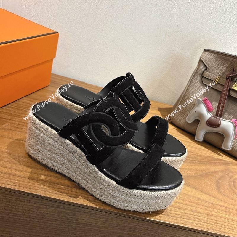 Hermes Lipari Wedge Slides Sandal in Suede Black 2025 1222 (MD-251222092)