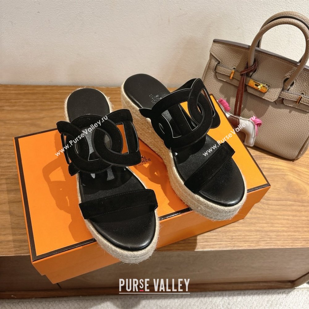 Hermes Lipari Wedge Slides Sandal in Suede Black 2025 1222 (MD-251222092)