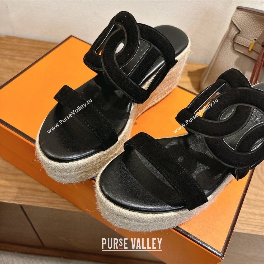 Hermes Lipari Wedge Slides Sandal in Suede Black 2025 1222 (MD-251222092)