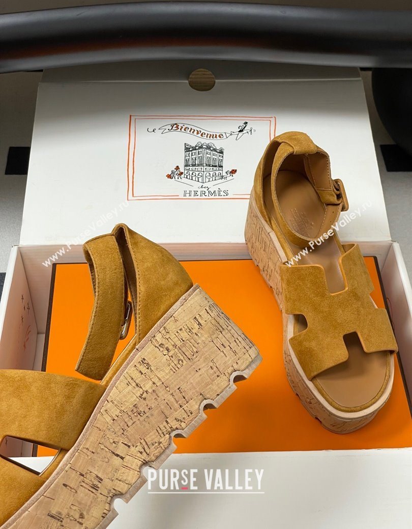 Hermes Luce Wedge Platform Sandals 7cm in Suede Yellow 2025 H252131 (MD-251220011)