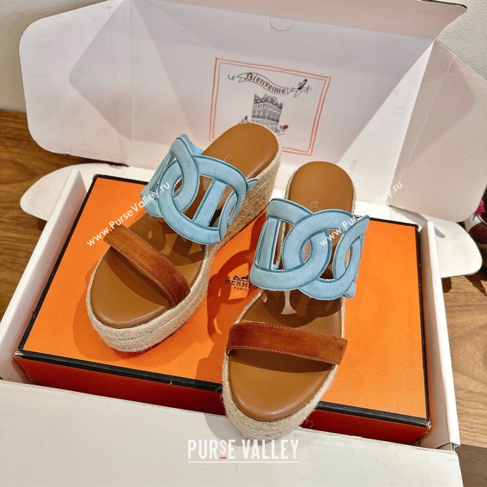 Hermes Lipari Wedge Slides Sandal in Suede Blue/Brown 2025 1222 (MD-251222095)