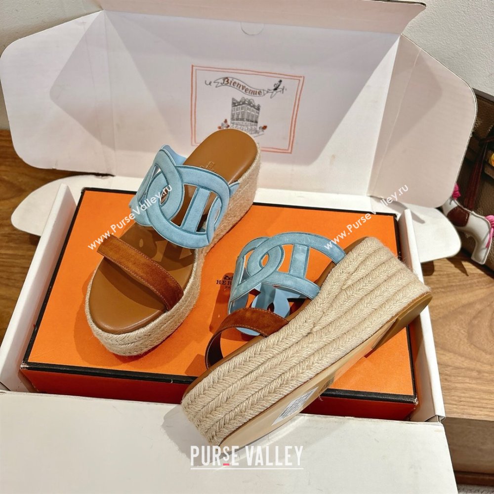 Hermes Lipari Wedge Slides Sandal in Suede Blue/Brown 2025 1222 (MD-251222095)