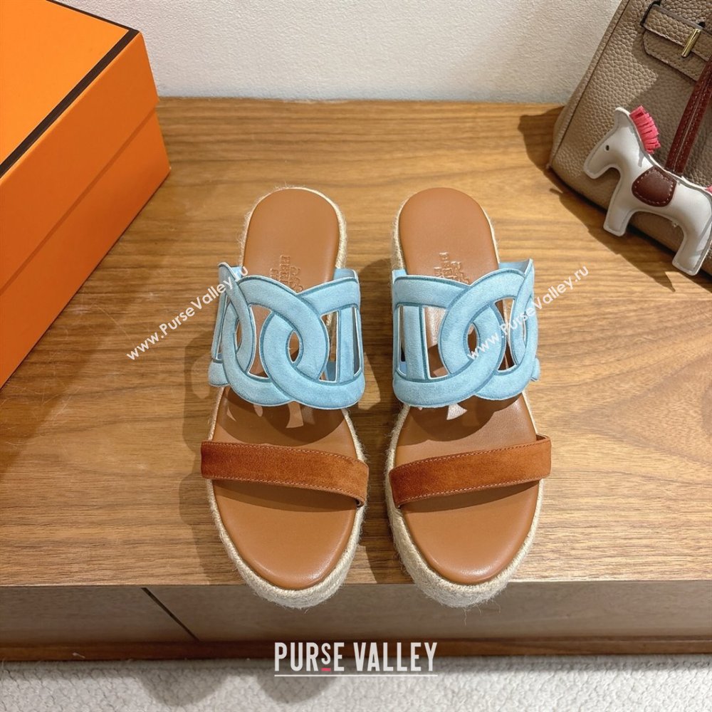 Hermes Lipari Wedge Slides Sandal in Suede Blue/Brown 2025 1222 (MD-251222095)