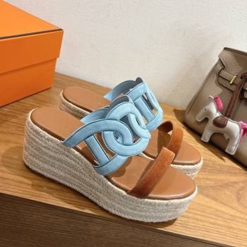 Hermes Lipari Wedge Slides Sandal in Suede Blue/Brown 2025 1222 (MD-251222095)