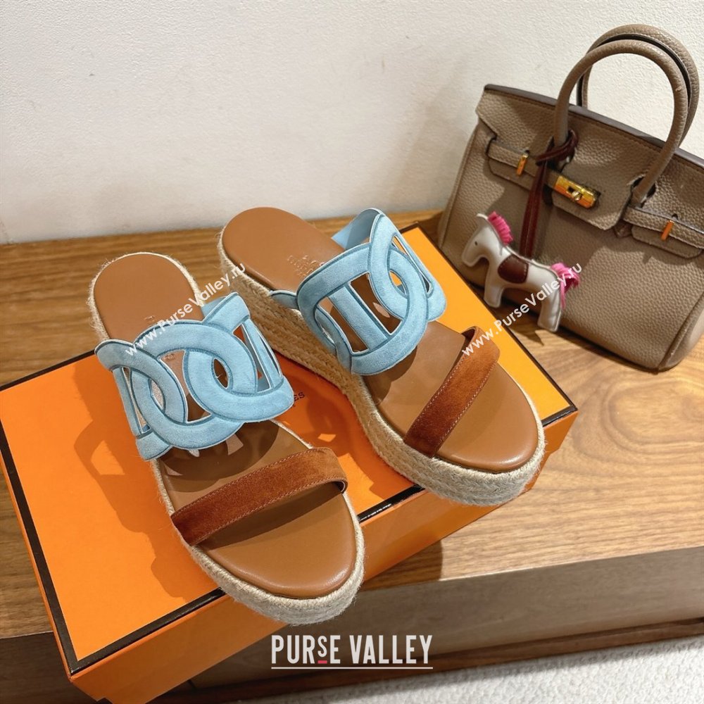 Hermes Lipari Wedge Slides Sandal in Suede Blue/Brown 2025 1222 (MD-251222095)