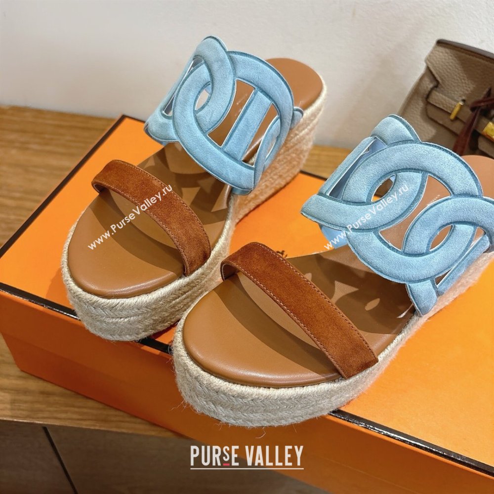 Hermes Lipari Wedge Slides Sandal in Suede Blue/Brown 2025 1222 (MD-251222095)