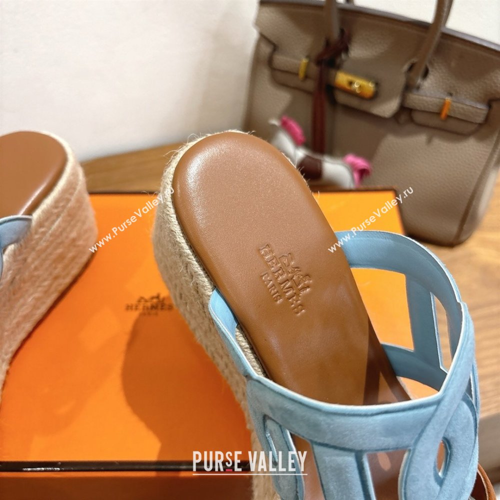 Hermes Lipari Wedge Slides Sandal in Suede Blue/Brown 2025 1222 (MD-251222095)
