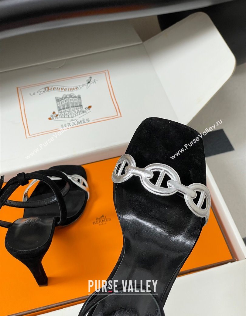 Hermes Luz Heel Sandals 10.5cm in Suede with Silver-Tone Strap Black 2025 (MD-251220001)