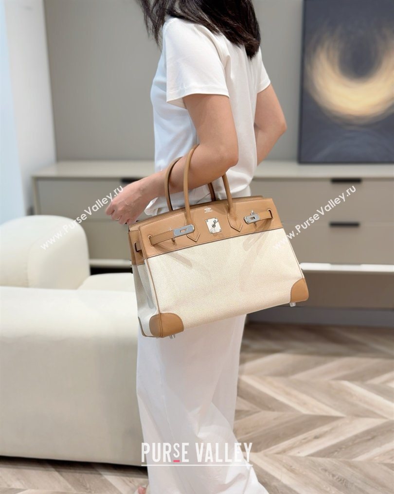 Hermes Birkin 35cm Bag in Canvas and Swift Calfskin Leather Milk Tea 2026 (FL-260131018)