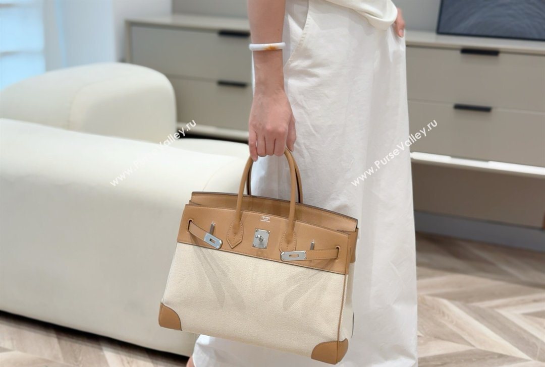 Hermes Birkin 35cm Bag in Canvas and Swift Calfskin Leather Milk Tea 2026 (FL-260131018)