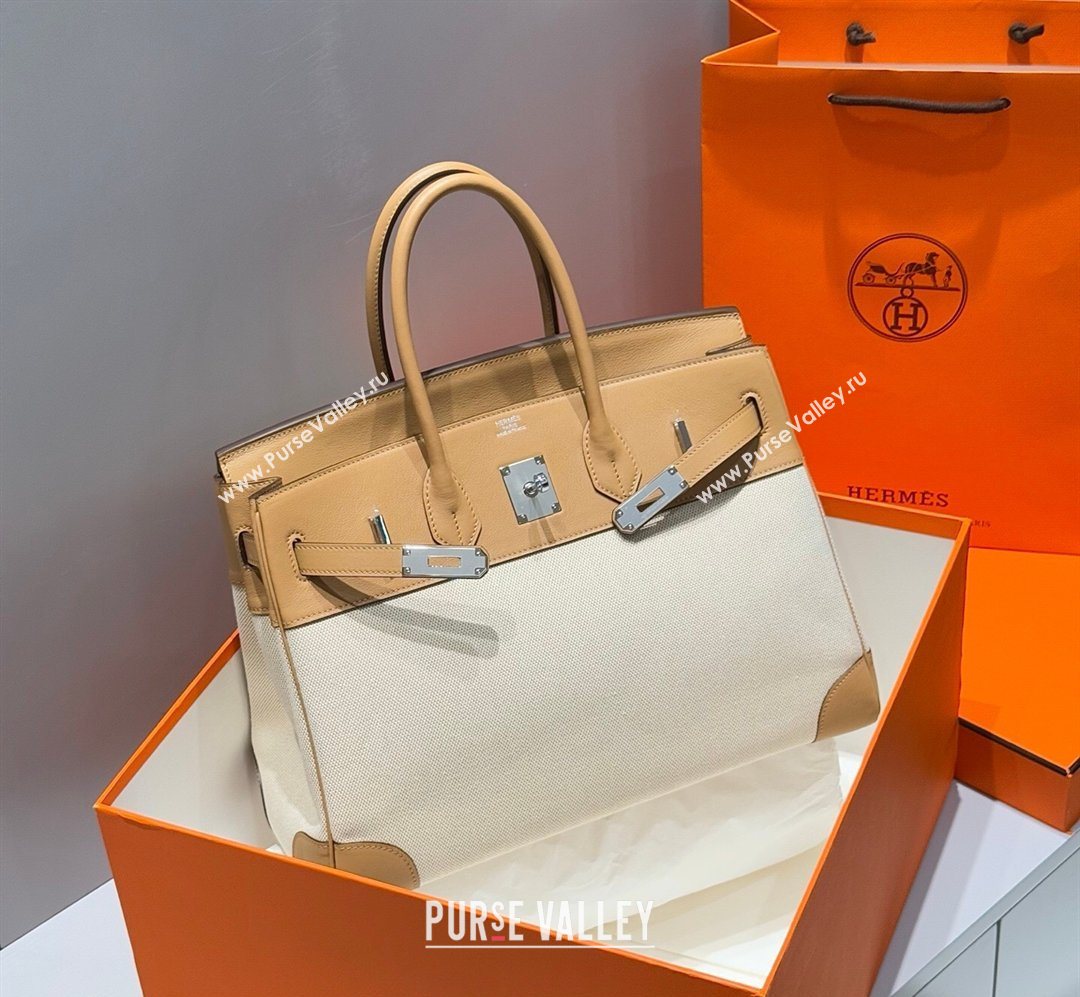 Hermes Birkin 35cm Bag in Canvas and Swift Calfskin Leather Milk Tea 2026 (FL-260131018)