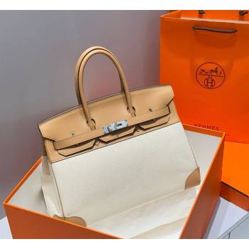 Hermes Birkin 35cm Bag in Canvas and Swift Calfskin Leather Milk Tea 2026 (FL-260131018)