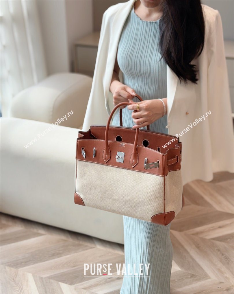 Hermes Birkin 35cm Bag in Canvas and Swift Calfskin Leather Brown/Silver 2026 (FL-260131021)