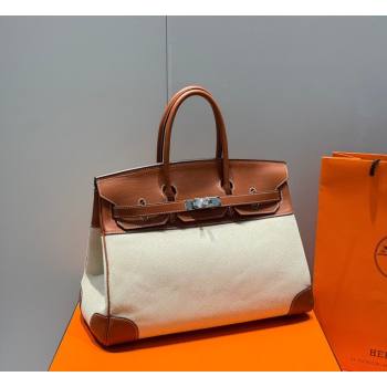 Hermes Birkin 35cm Bag in Canvas and Swift Calfskin Leather Brown/Silver 2026 (FL-260131021)