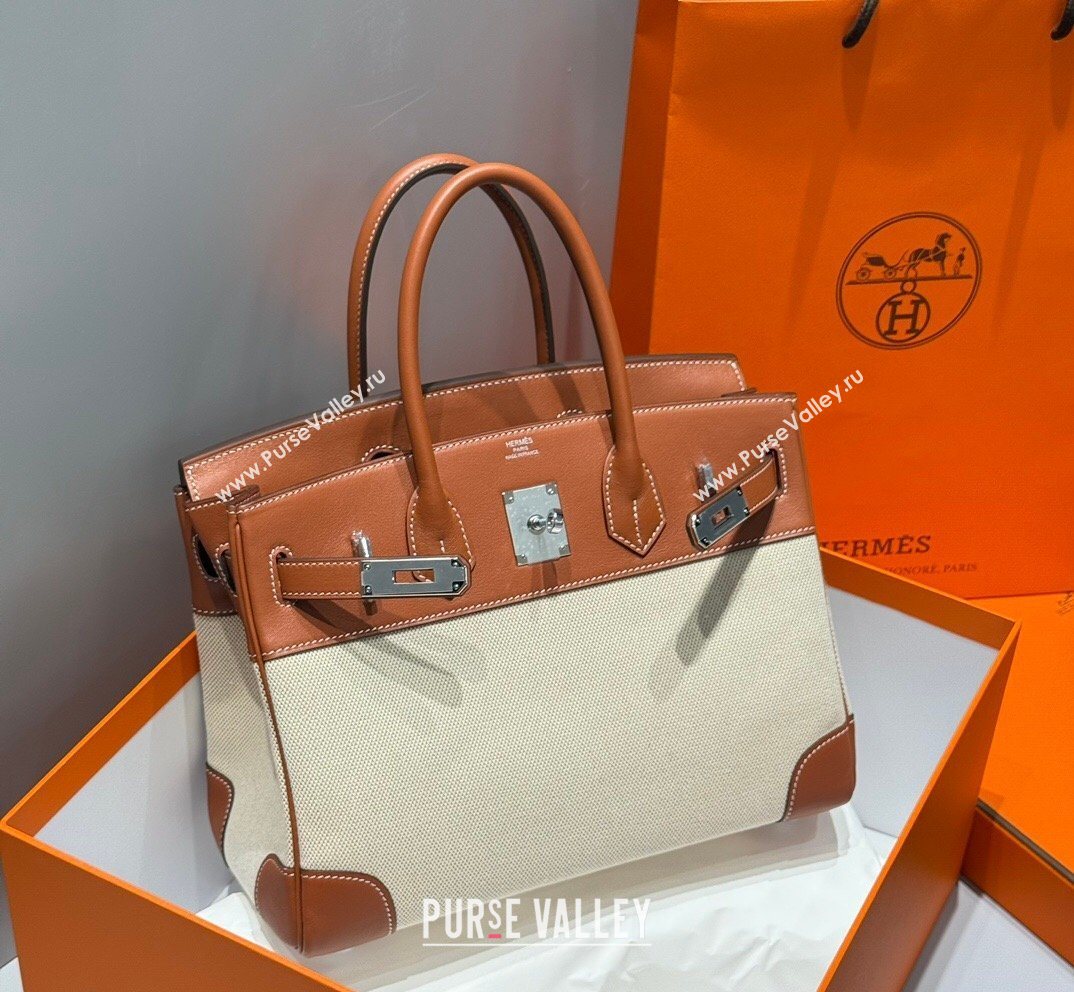 Hermes Birkin 30cm Bag in Canvas and Swift Calfskin Leather Brown/Silver 2026 (FL-260131029)