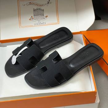 Hermes Oran Classic Flat Slides Sandal in Jacquard Fabric Black 2026 0304 (MD-260304092)