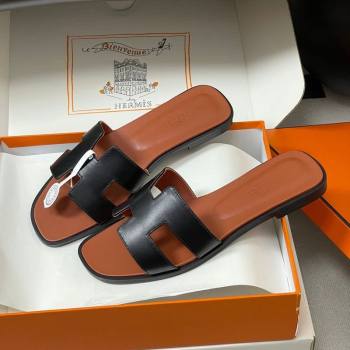 Hermes Oran Classic Flat Slides Sandal in Smooth Leather Black 2026 0304 (MD-260304106)