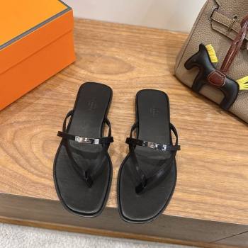 Hermes Miss Flat Slides Thong Sandal in Calfskin Leather with Kelly Buckle Black 2026 (XC-260304020)